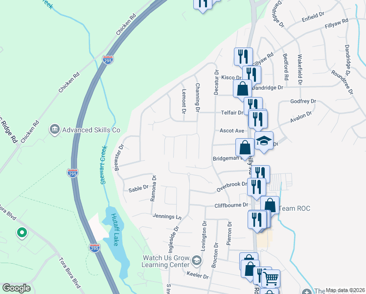map of restaurants, bars, coffee shops, grocery stores, and more near 259 Fawn Road in Fayetteville