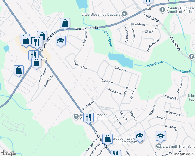 map of restaurants, bars, coffee shops, grocery stores, and more near 2517 Vestal Avenue in Fayetteville