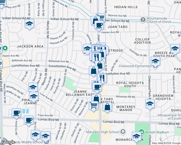 map of restaurants, bars, coffee shops, grocery stores, and more near 1404 Muriel Street Northeast in Albuquerque