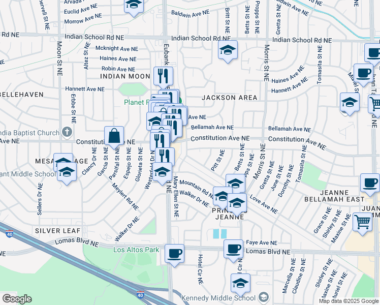 map of restaurants, bars, coffee shops, grocery stores, and more near 1301 Mary Ellen Street Northeast in Albuquerque
