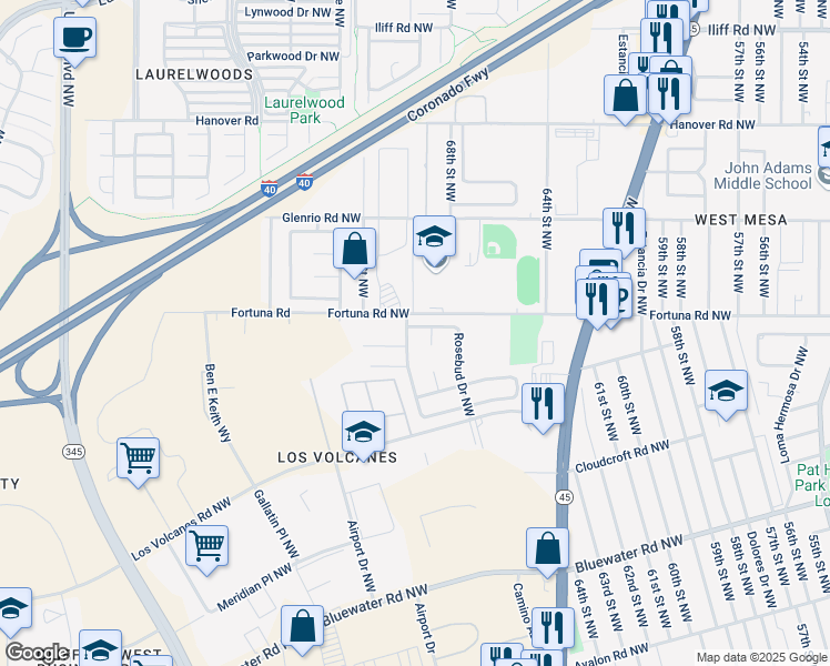 map of restaurants, bars, coffee shops, grocery stores, and more near 6801 Photinia Place Northwest in Albuquerque