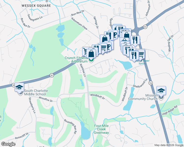 map of restaurants, bars, coffee shops, grocery stores, and more near 7900 Greenside Court in Charlotte
