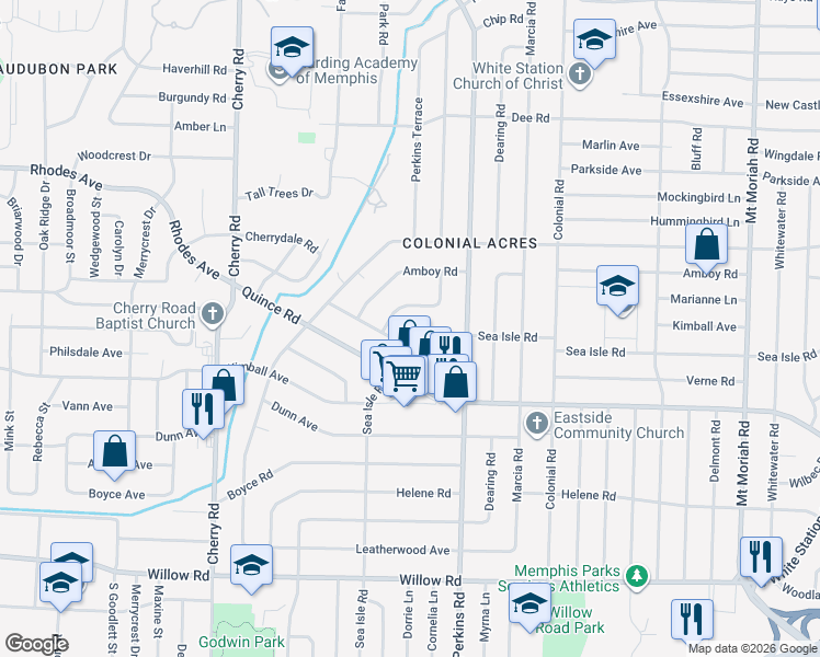 map of restaurants, bars, coffee shops, grocery stores, and more near 4608 Sea Isle Road in Memphis