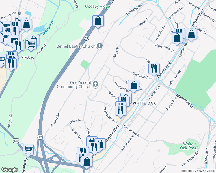 map of restaurants, bars, coffee shops, grocery stores, and more near 305 West Ridgewood Avenue in Chattanooga