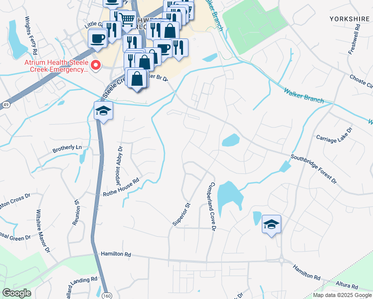 map of restaurants, bars, coffee shops, grocery stores, and more near 13527 Pontchatrain Avenue in Charlotte