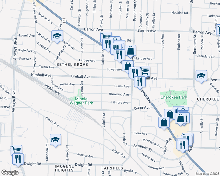 map of restaurants, bars, coffee shops, grocery stores, and more near 2697 Burns Avenue in Memphis