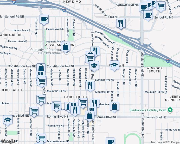 map of restaurants, bars, coffee shops, grocery stores, and more near 1627 San Pedro Drive Northeast in Albuquerque