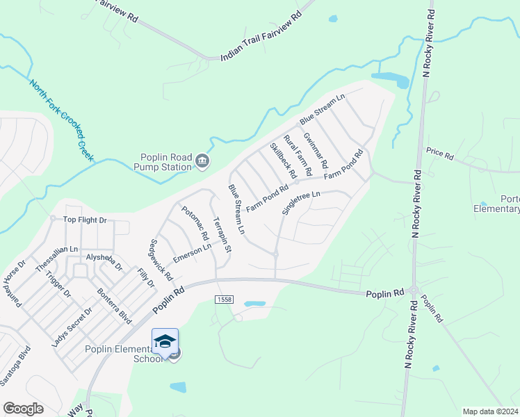 map of restaurants, bars, coffee shops, grocery stores, and more near 1012 Farm Pond Road in Indian Trail