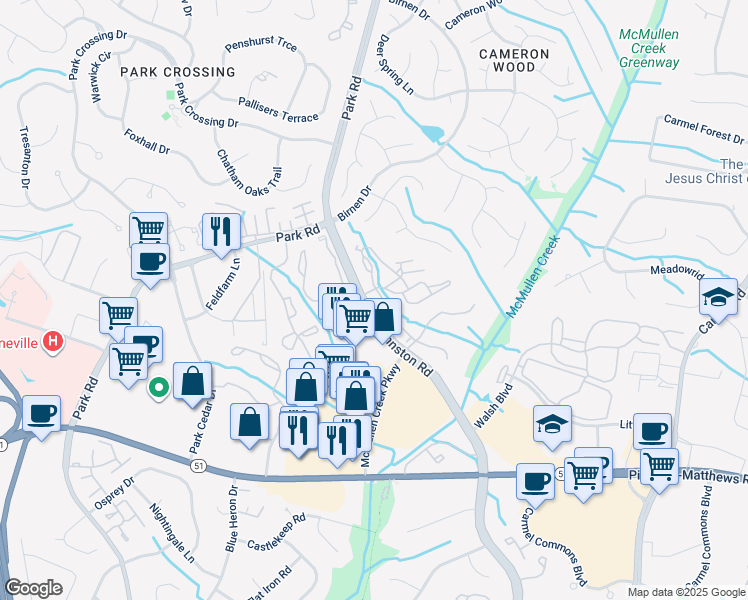 map of restaurants, bars, coffee shops, grocery stores, and more near 10109 Johnston Road in Charlotte
