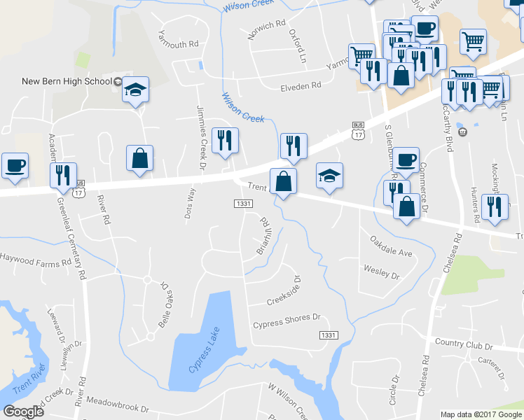 map of restaurants, bars, coffee shops, grocery stores, and more near 4803 Briarhill Road in New Bern