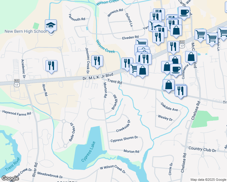 map of restaurants, bars, coffee shops, grocery stores, and more near 4803 Briarhill Road in New Bern