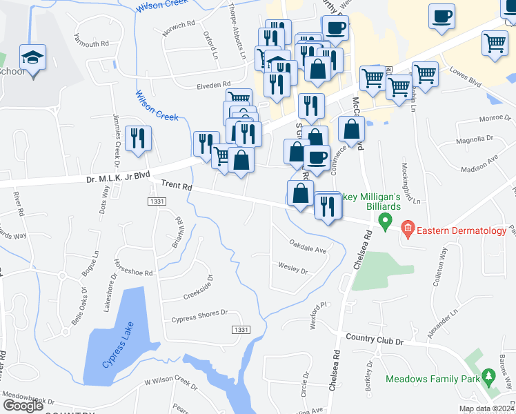 map of restaurants, bars, coffee shops, grocery stores, and more near 3703 Trent Road in New Bern