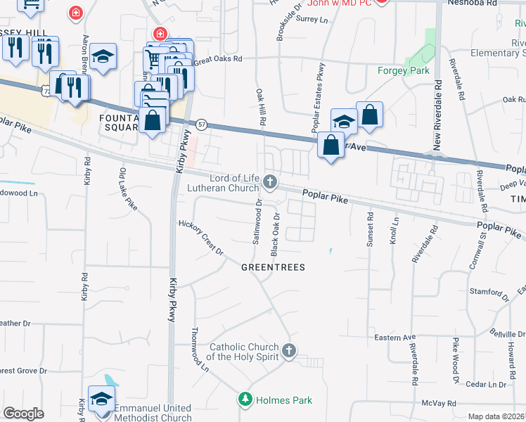 map of restaurants, bars, coffee shops, grocery stores, and more near 2020 Satinwood Drive in Memphis