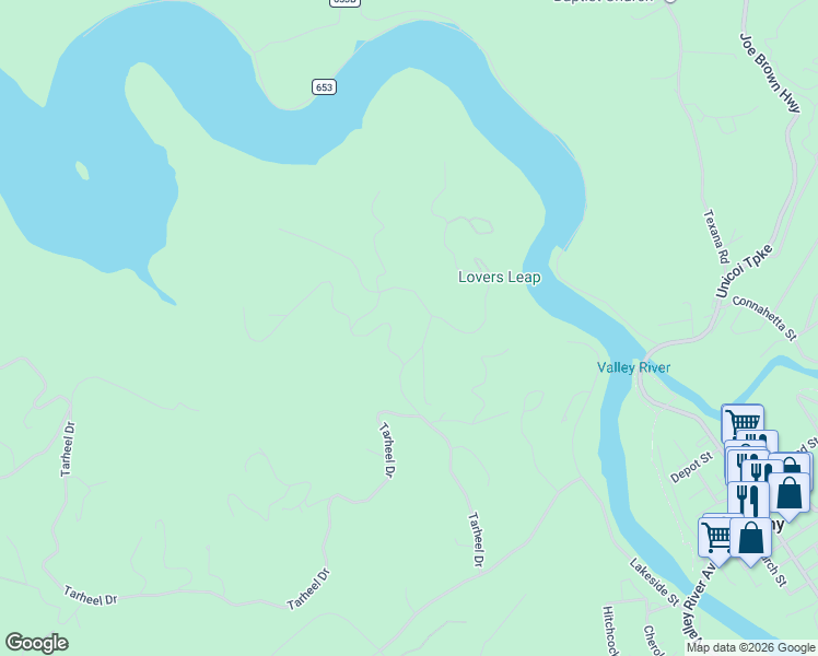 map of restaurants, bars, coffee shops, grocery stores, and more near 15 Ridge Lane in Murphy