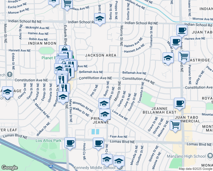 map of restaurants, bars, coffee shops, grocery stores, and more near 1222 Elizabeth Street Northeast in Albuquerque