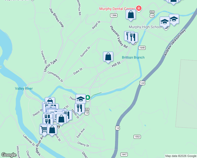 map of restaurants, bars, coffee shops, grocery stores, and more near 705 Valley River Avenue in Murphy