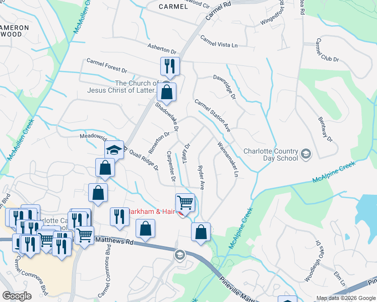 map of restaurants, bars, coffee shops, grocery stores, and more near 5801 Tillery Drive in Charlotte