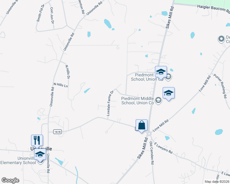 map of restaurants, bars, coffee shops, grocery stores, and more near 2825 Loxdale Farms Drive in Monroe