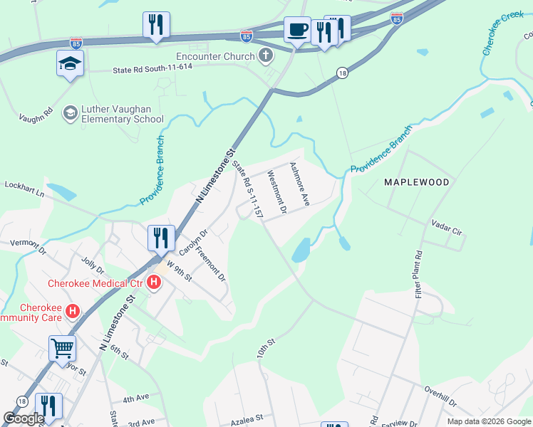 map of restaurants, bars, coffee shops, grocery stores, and more near 535 Bonner Lake Road in Gaffney