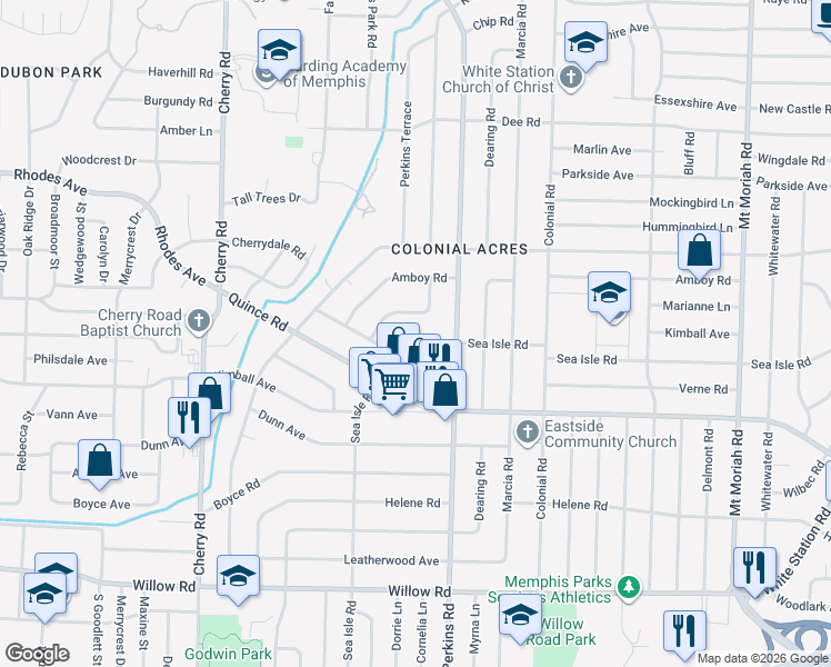 map of restaurants, bars, coffee shops, grocery stores, and more near 4608 Sea Isle Rd in Memphis