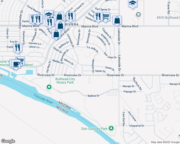 map of restaurants, bars, coffee shops, grocery stores, and more near 850 Safari Drive in Bullhead City
