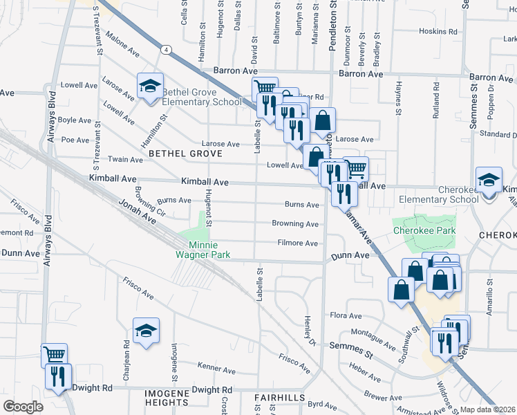 map of restaurants, bars, coffee shops, grocery stores, and more near 2653 Burns Avenue in Memphis