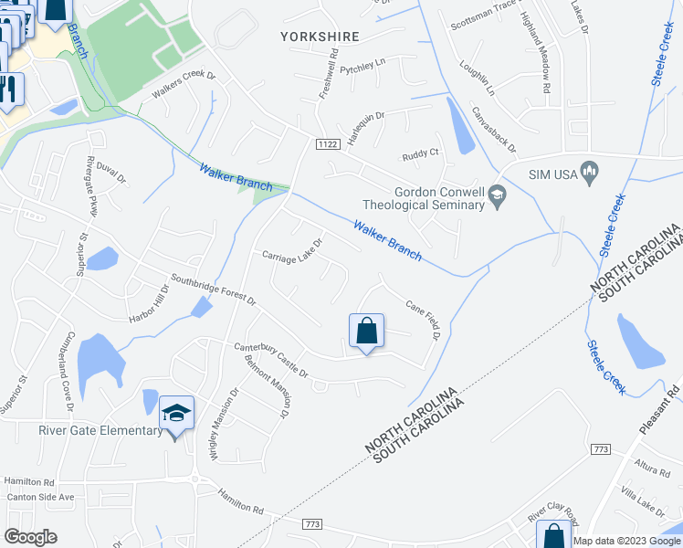 map of restaurants, bars, coffee shops, grocery stores, and more near 15000 Copper Ridge Trail in Charlotte