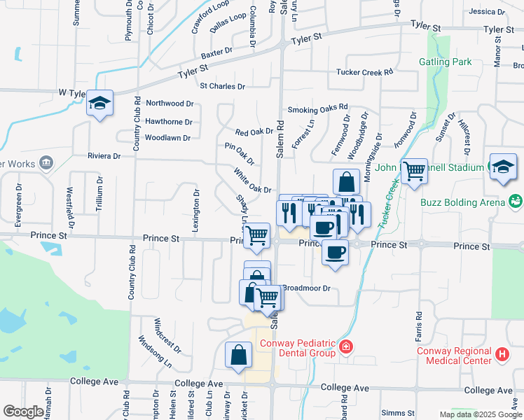 map of restaurants, bars, coffee shops, grocery stores, and more near 5 East Post Oak Drive in Conway