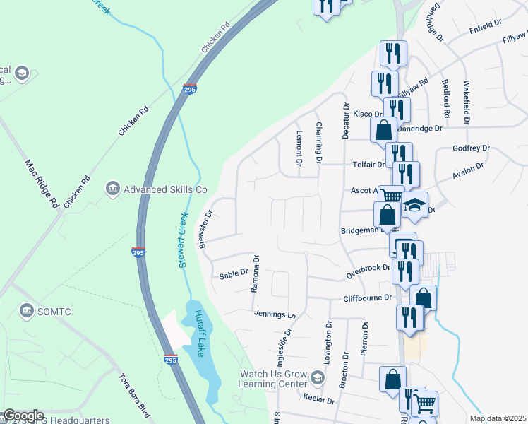 map of restaurants, bars, coffee shops, grocery stores, and more near 255 Greenbriar Drive in Fayetteville