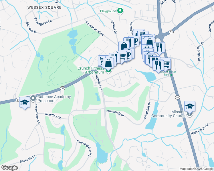 map of restaurants, bars, coffee shops, grocery stores, and more near 7900 Greenside Court in Charlotte