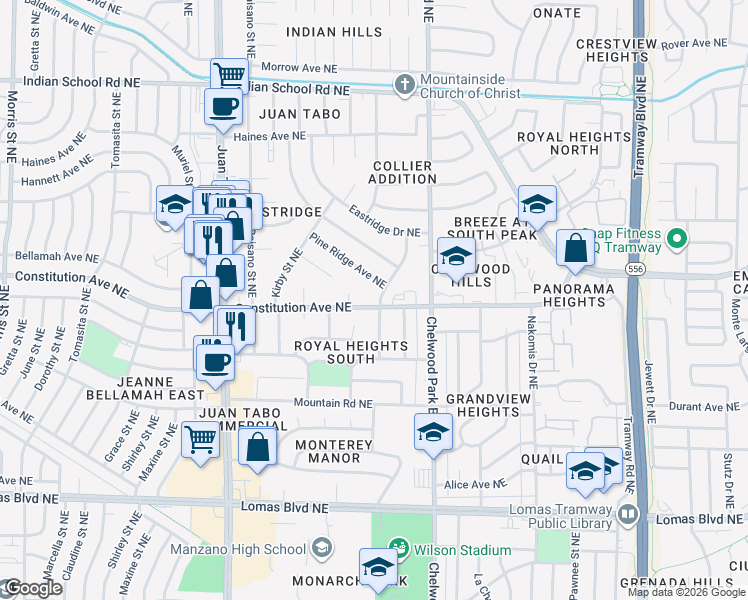 map of restaurants, bars, coffee shops, grocery stores, and more near 12317 Constitution Avenue Northeast in Albuquerque