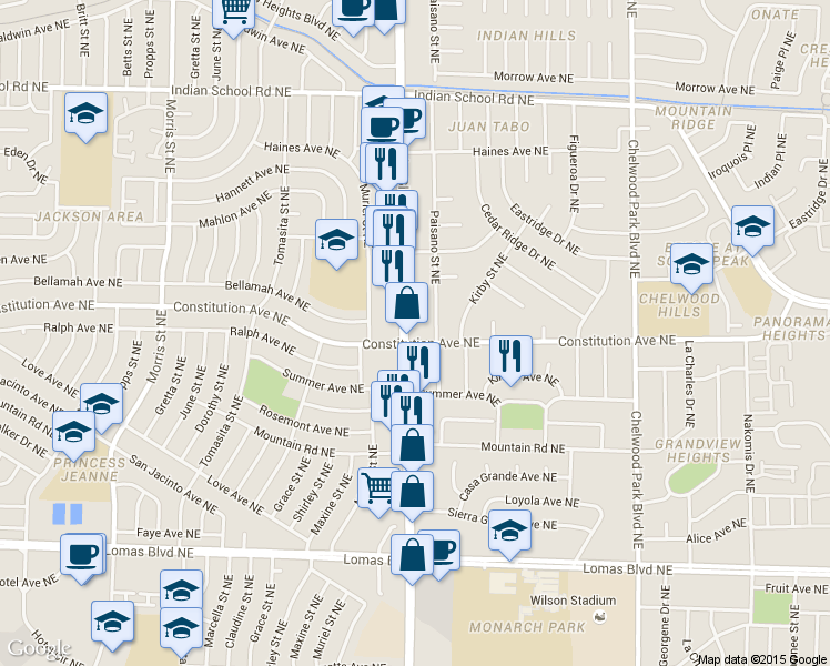 map of restaurants, bars, coffee shops, grocery stores, and more near 1300 Juan Tabo Boulevard Northeast in Albuquerque