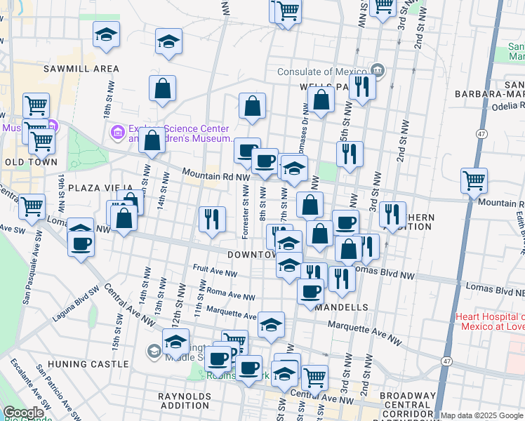 map of restaurants, bars, coffee shops, grocery stores, and more near 1012 Forrester Avenue Northwest in Albuquerque