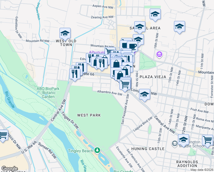 map of restaurants, bars, coffee shops, grocery stores, and more near 2110 New York Avenue Southwest in Albuquerque