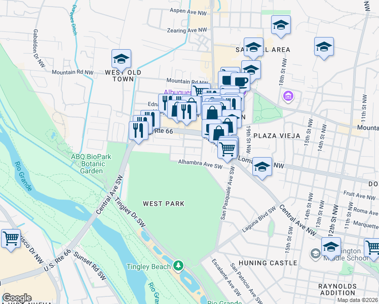 map of restaurants, bars, coffee shops, grocery stores, and more near 2110 New York Avenue Southwest in Albuquerque