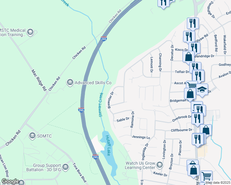 map of restaurants, bars, coffee shops, grocery stores, and more near 268 Brewster Drive in Fayetteville