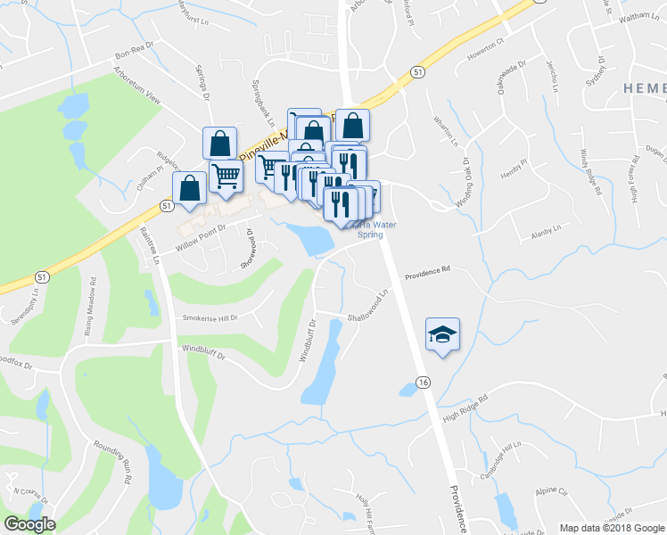 map of restaurants, bars, coffee shops, grocery stores, and more near 3127 Windbluff Drive in Charlotte