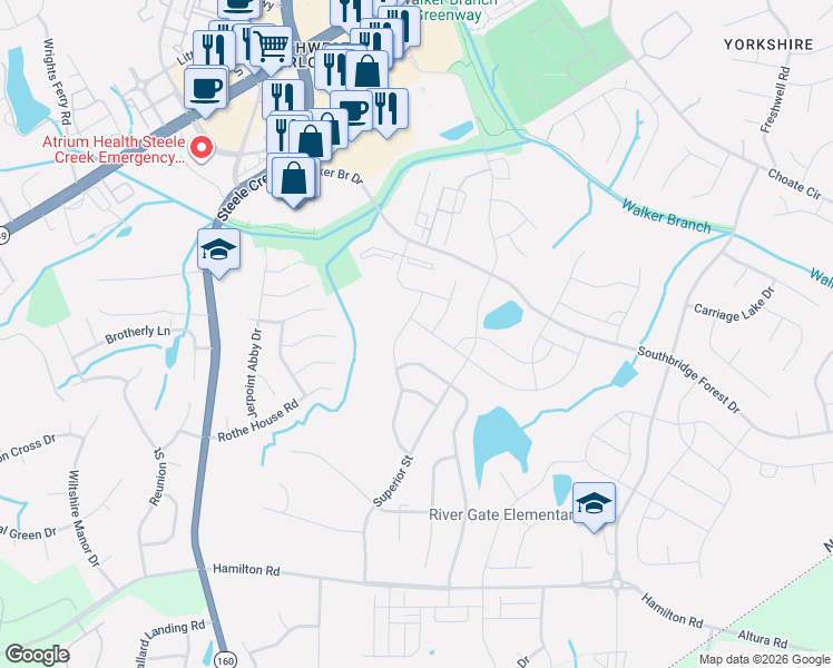map of restaurants, bars, coffee shops, grocery stores, and more near 12830 Cumberland Cove Drive in Charlotte