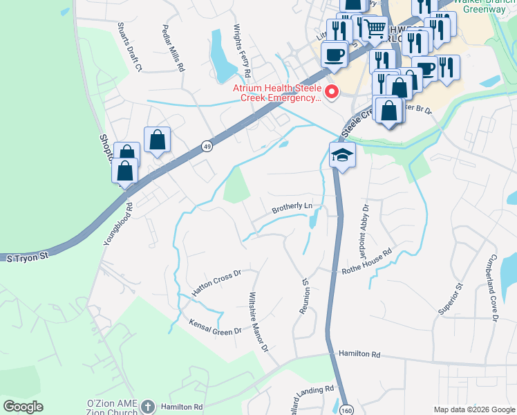 map of restaurants, bars, coffee shops, grocery stores, and more near 12615 Congregation Drive in Charlotte