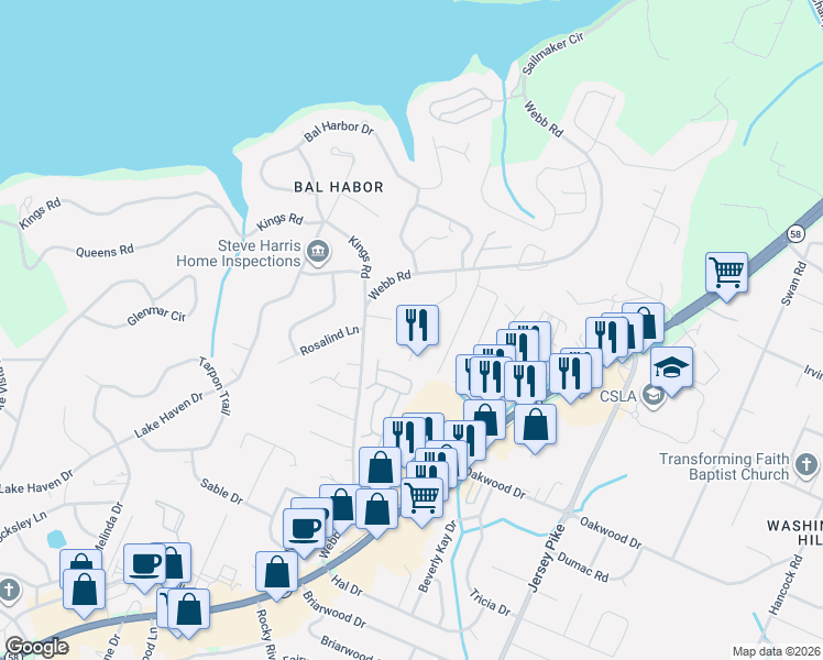 map of restaurants, bars, coffee shops, grocery stores, and more near 4013 Harbor Hills Road in Chattanooga