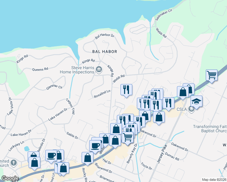 map of restaurants, bars, coffee shops, grocery stores, and more near 4002 Lara Lane in Chattanooga