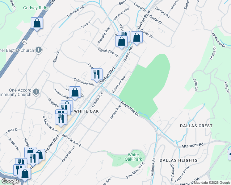 map of restaurants, bars, coffee shops, grocery stores, and more near 2328 Ashmore Avenue in Chattanooga