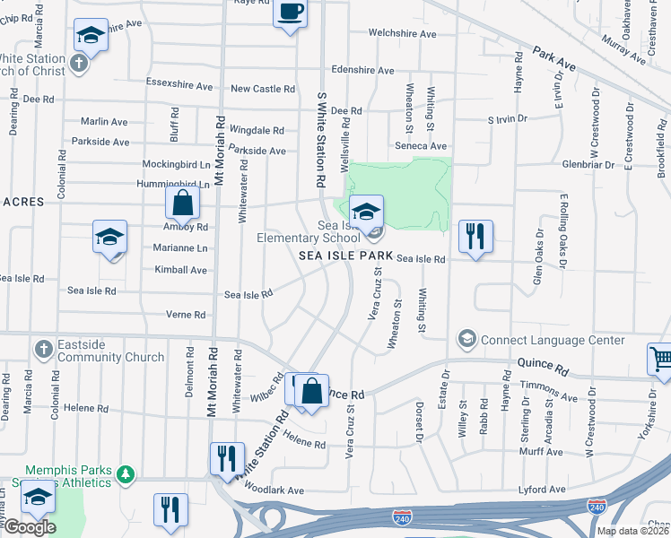 map of restaurants, bars, coffee shops, grocery stores, and more near 5141 Sea Isle Road in Memphis