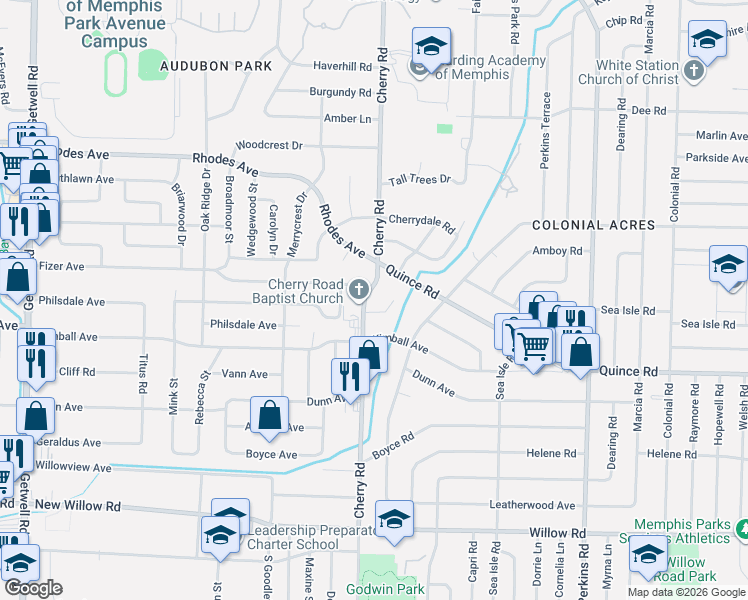 map of restaurants, bars, coffee shops, grocery stores, and more near 1376 Cherry Road in Memphis