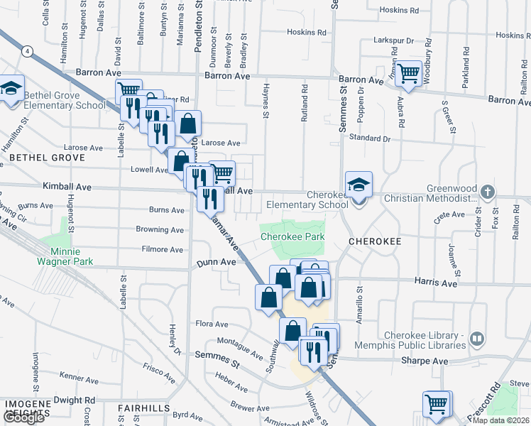 map of restaurants, bars, coffee shops, grocery stores, and more near 1379 Kimball Cove in Memphis