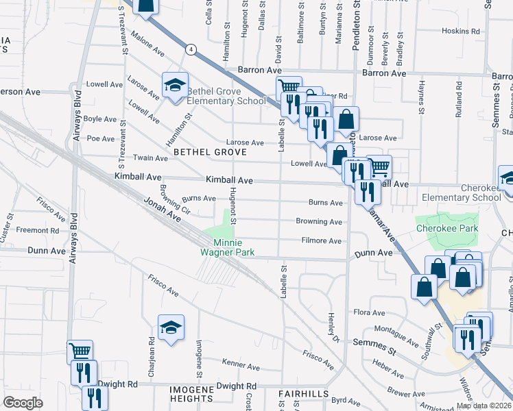 map of restaurants, bars, coffee shops, grocery stores, and more near 2605 Burns Avenue in Memphis