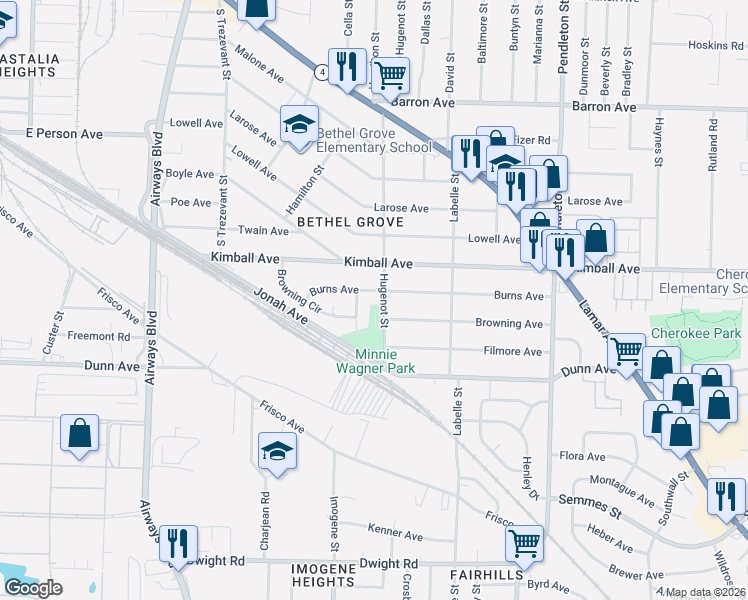 map of restaurants, bars, coffee shops, grocery stores, and more near 2567 Burns Avenue in Memphis