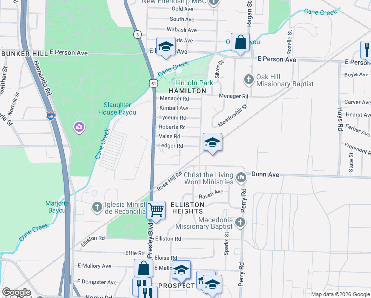 map of restaurants, bars, coffee shops, grocery stores, and more near 1437 Ledger Road in Memphis