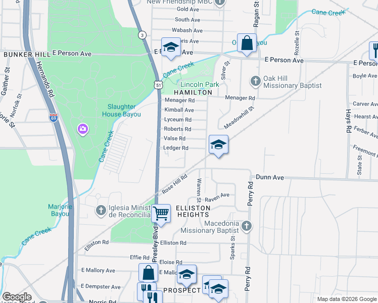 map of restaurants, bars, coffee shops, grocery stores, and more near 1437 Ledger Road in Memphis