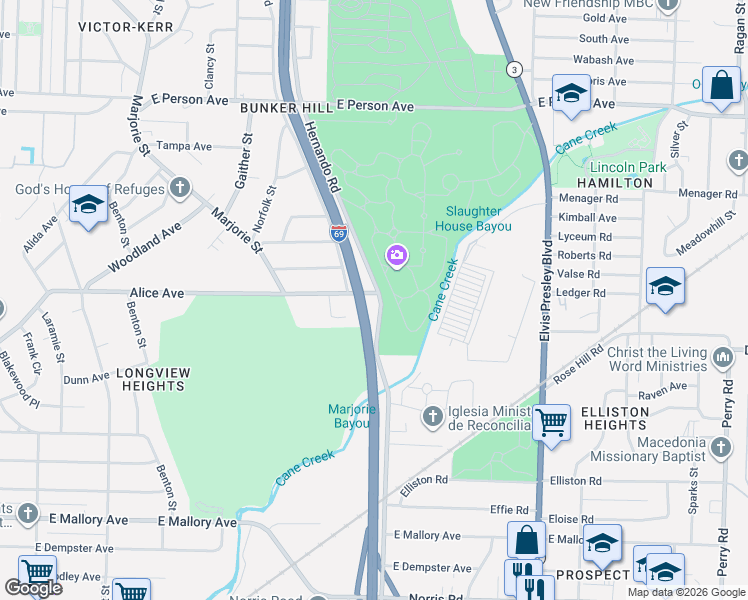 map of restaurants, bars, coffee shops, grocery stores, and more near 1121 Alice Avenue in Memphis